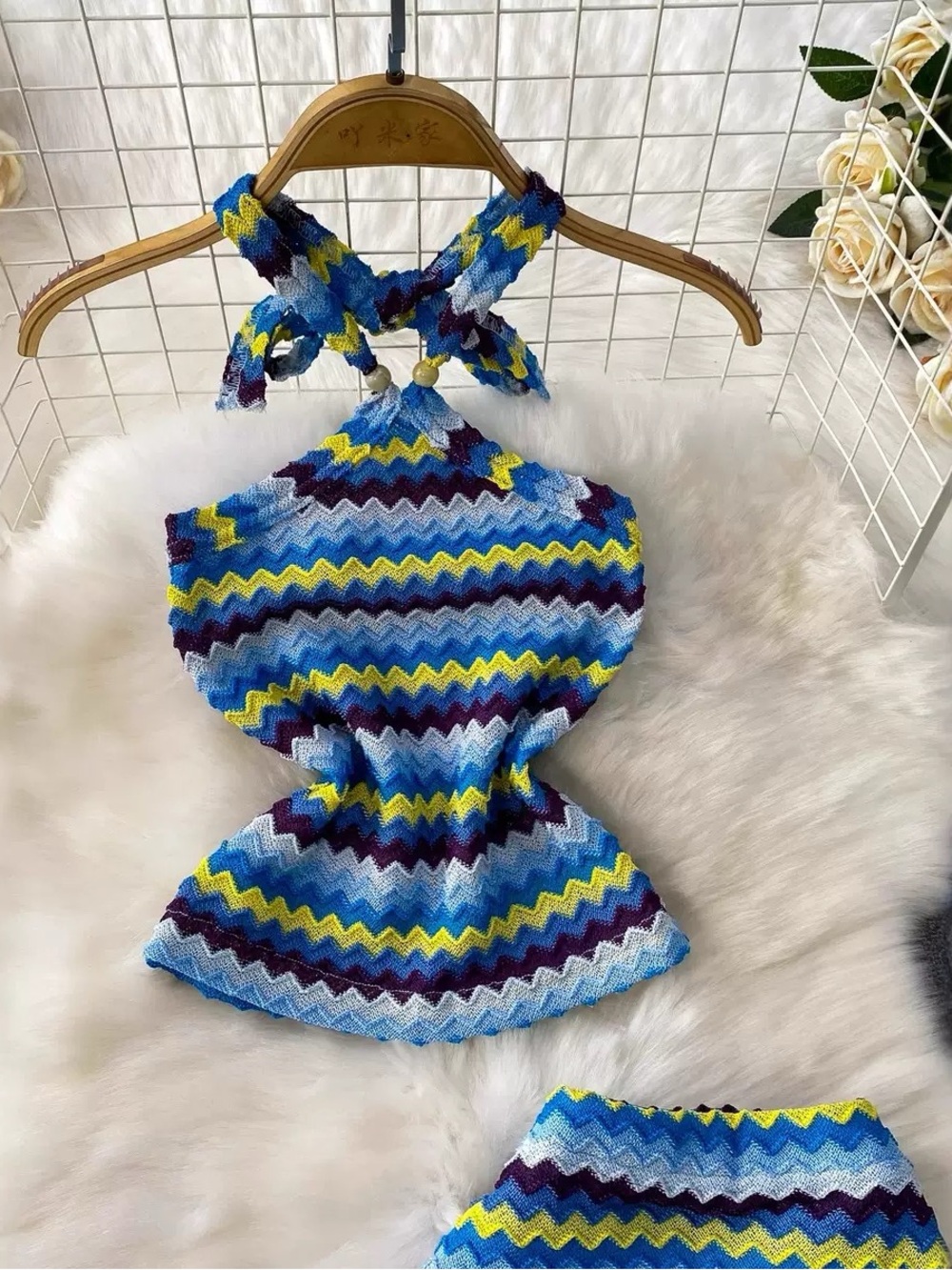 Girls Zigzag Knit Halter Dress - Summer Blue Two-Piece Beachwear